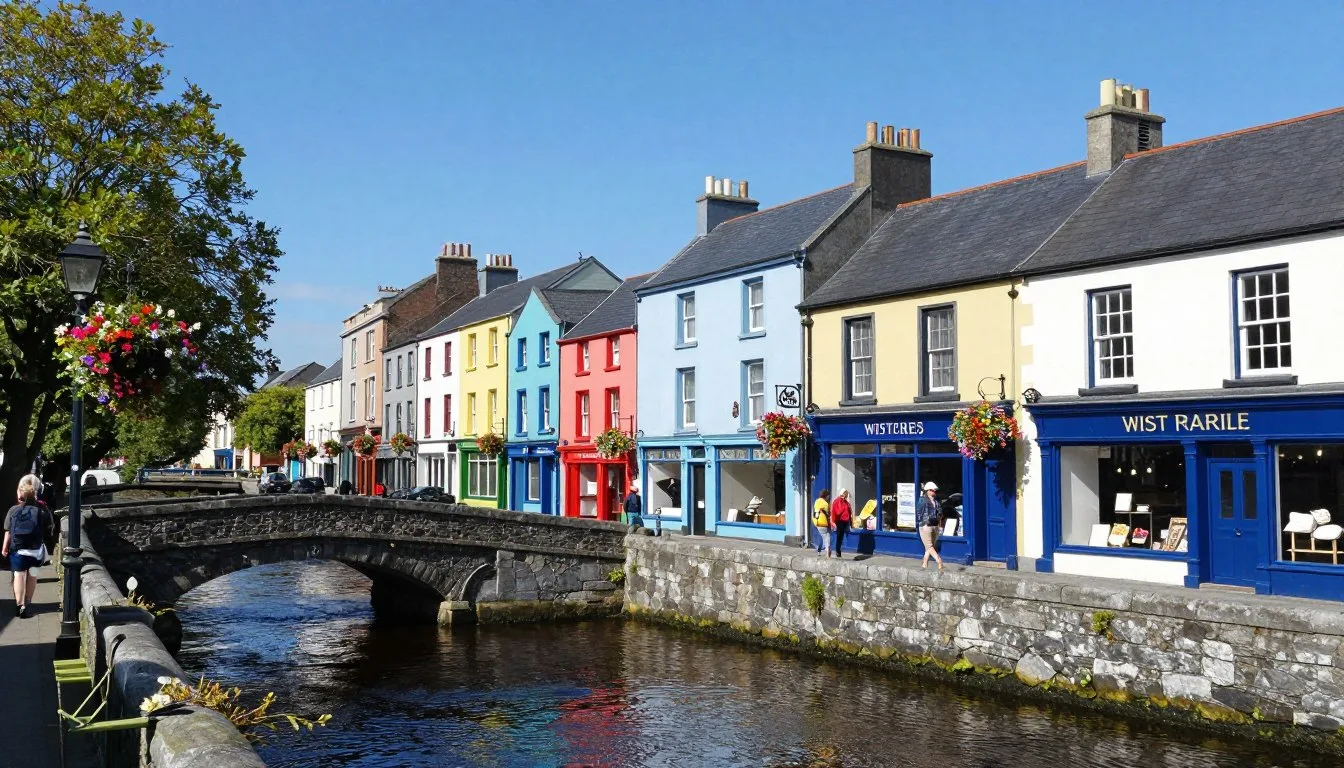 Westport Ireland travel guide showcasing the colorful town center with traditional shopfronts along the Carrowbeg River