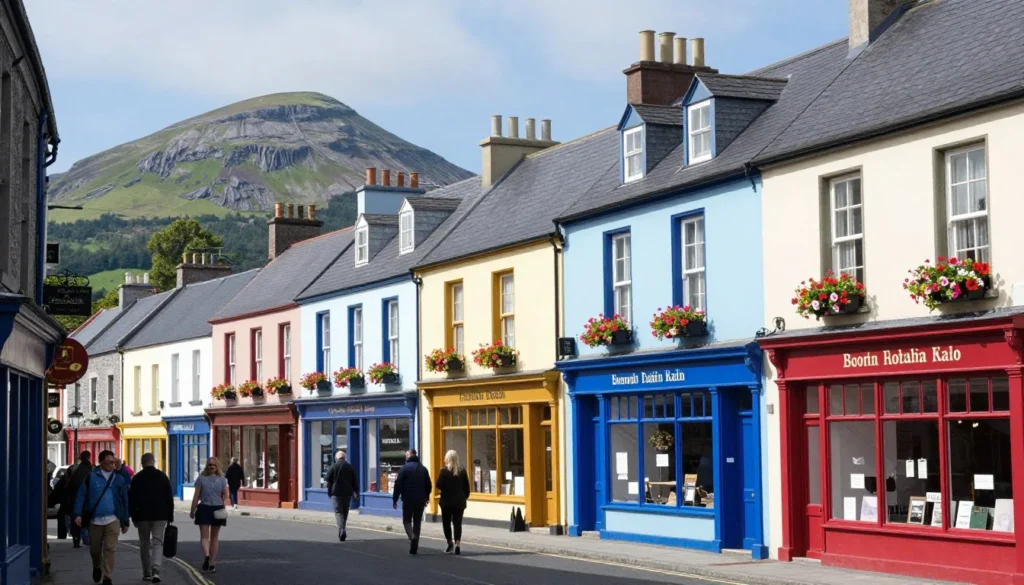 Westport town center with colorful buildings and mountain backdrop