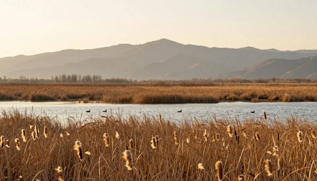 Wetland landscape at Bear River Migratory Bird Refuge with waterfowl Wetland landscape at Bear River Migratory Bird Refuge with waterfowl