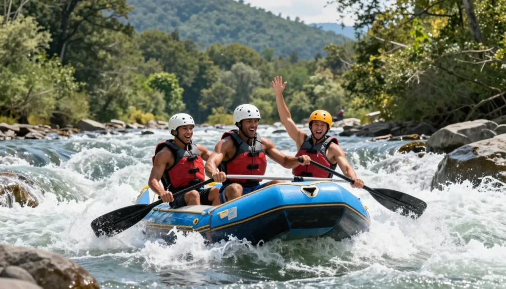 White-water rafters navigating rapids on Nantahala River with forested banks White-water rafters navigating rapids on Nantahala River with forested banks