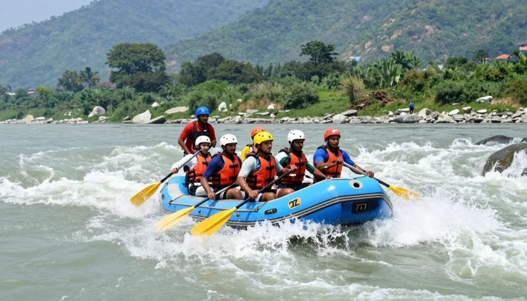 White water rafting group navigating rapids on the Ganges River in Rishikesh with safety equipment and guide