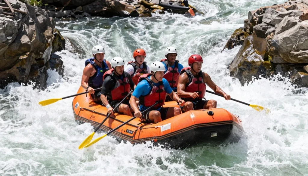 Whitewater rafters navigating exciting rapids on Ocoee River through rocky gorge Whitewater rafters navigating exciting rapids on Ocoee River through rocky gorge