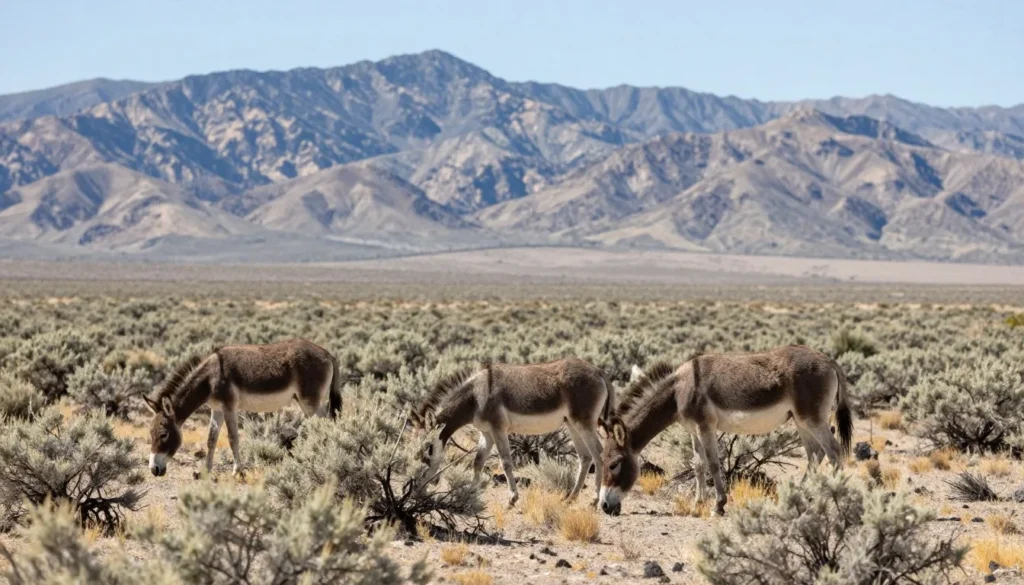 Wild burros grazing near Spencer Hot Springs desert landscape