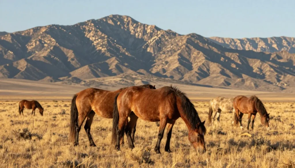 Wild horses grazing in Nevada desert landscape near Schettler Range
