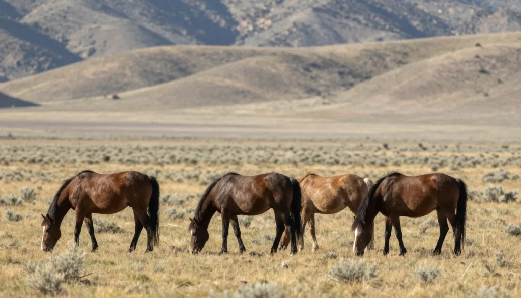 Wild horses grazing in open meadow at Sheldon Wildlife Refuge