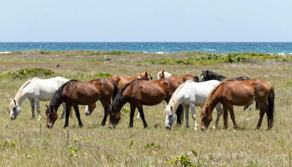 Wild horses of Shackleford Banks in natural habitat with coastal dunes Wild horses of Shackleford Banks in natural habitat with coastal dunes