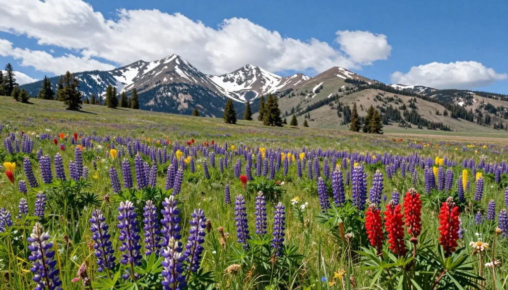 Wildflower meadow at Steamboat Lake with mountain peaks behind Wildflower meadow at Steamboat Lake with mountain peaks behind