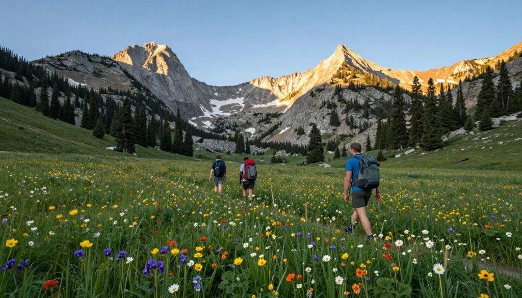 Wildflower meadow in Ruby Mountains with mountain peaks