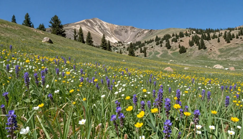Wildflower meadow with colorful blooms and mountain backdrop
