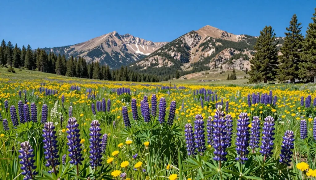 Wildflower meadow with mountain backdrop at Spooner Lake