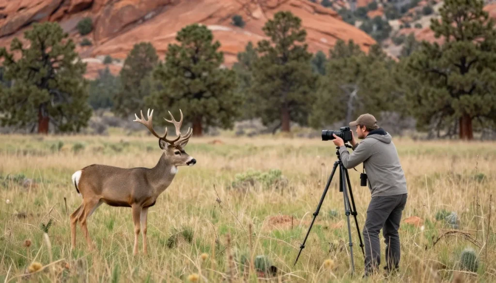 Wildlife photographer capturing mule deer in natural plateau habitat Wildlife photographer capturing mule deer in natural plateau habitat