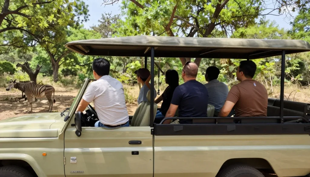 Wildlife safari jeep with diverse tourists observing wildlife in Ranthambore during pleasant weather