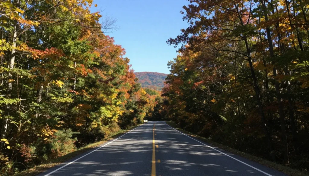 Winding Tennessee mountain road through dense forest leading to Gar Island region Winding Tennessee mountain road through dense forest leading to Gar Island region
