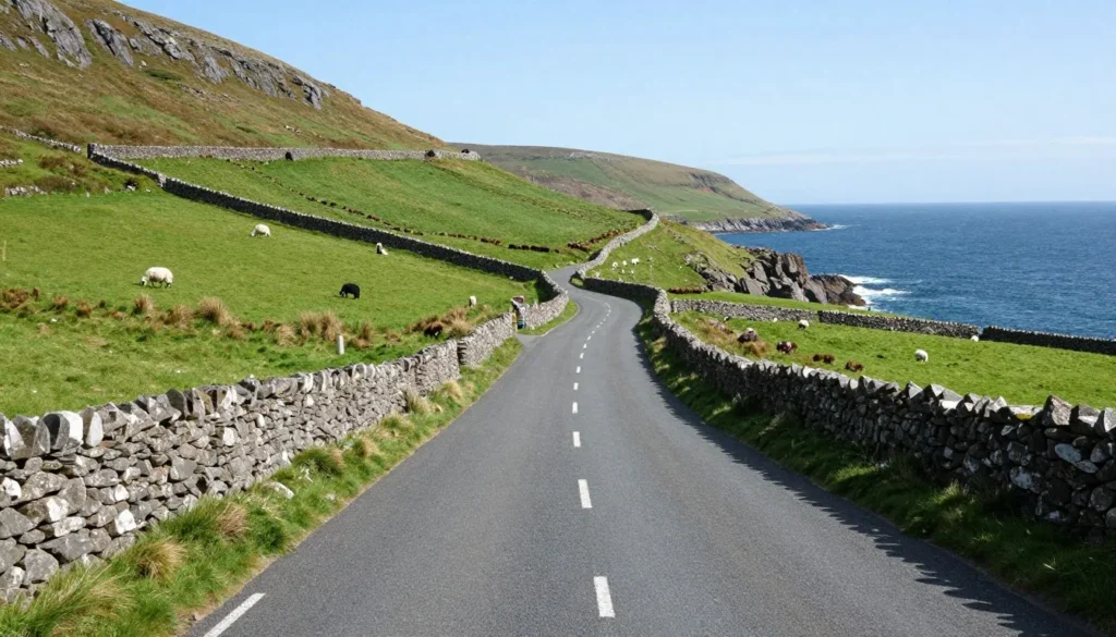 Winding coastal road on Dingle Peninsula Ireland with green fields and ocean views