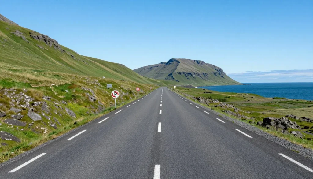 Winding coastal road on Snaefellsnes Peninsula with ocean views and mountains on a sunny day