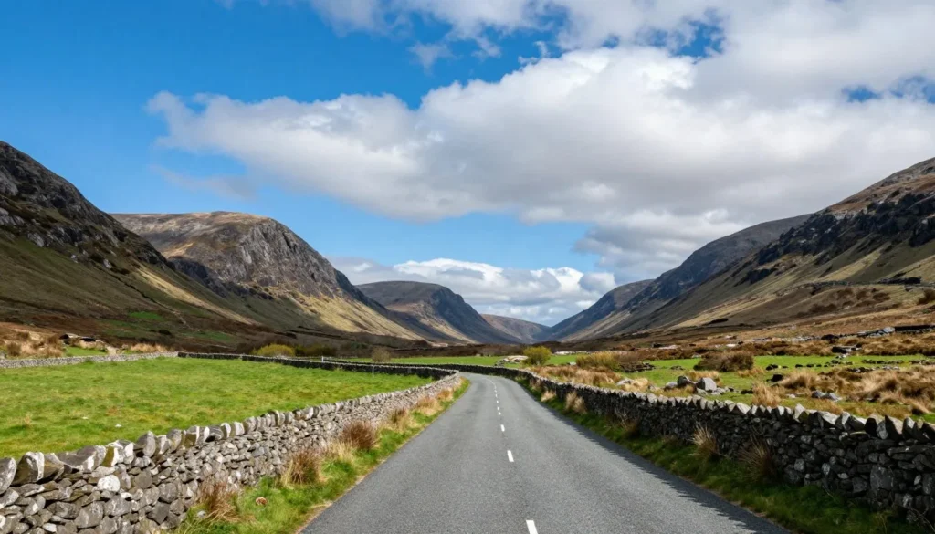 Winding coastal road through Connemara with mountain views