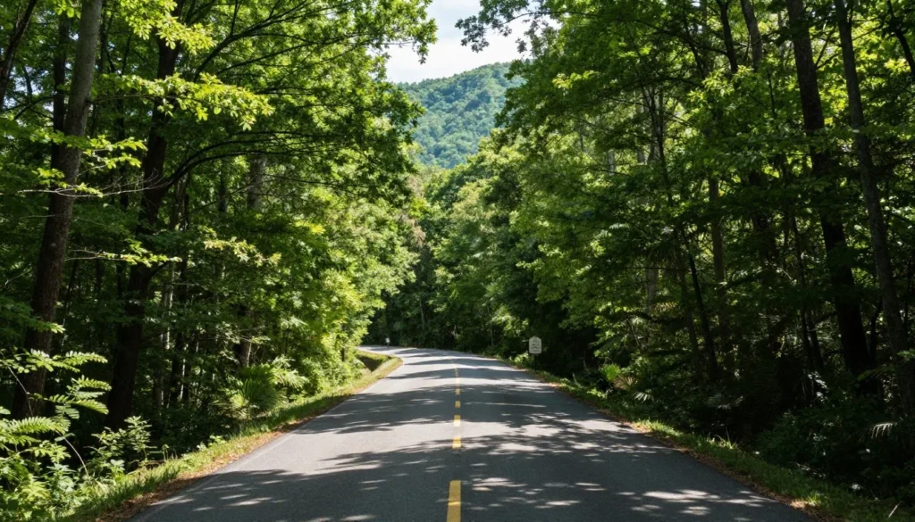 Winding forest road through Cherokee National Forest leading to Conasauga Falls trailhead Winding forest road through Cherokee National Forest leading to Conasauga Falls trailhead