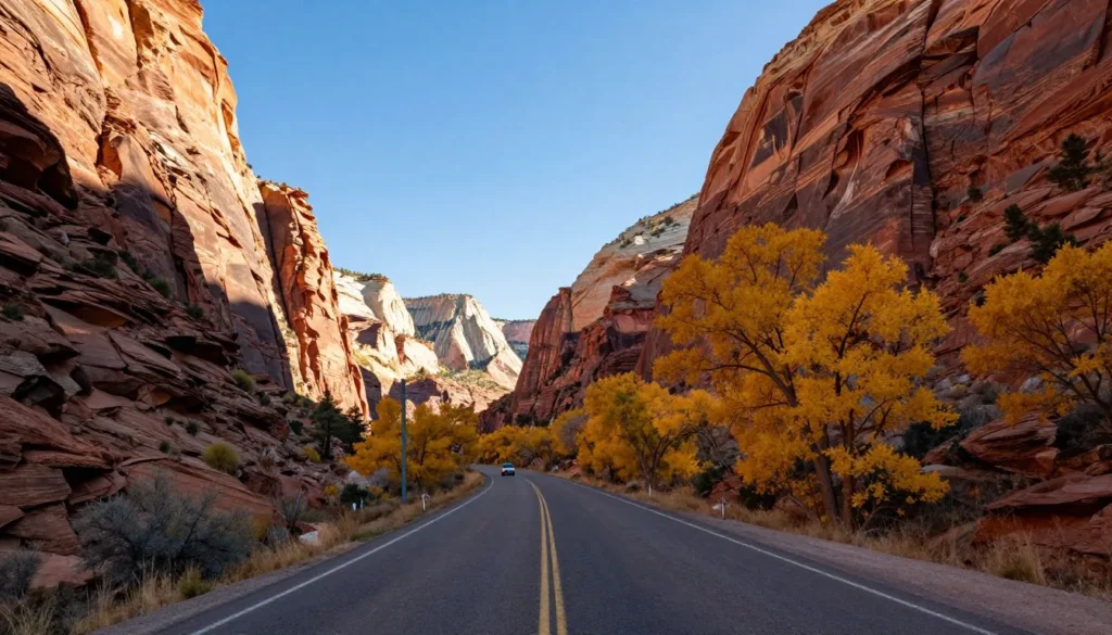 Winding mountain highway through Unaweep Canyon with fall colors and cliff walls Winding mountain highway through Unaweep Canyon with fall colors and cliff walls