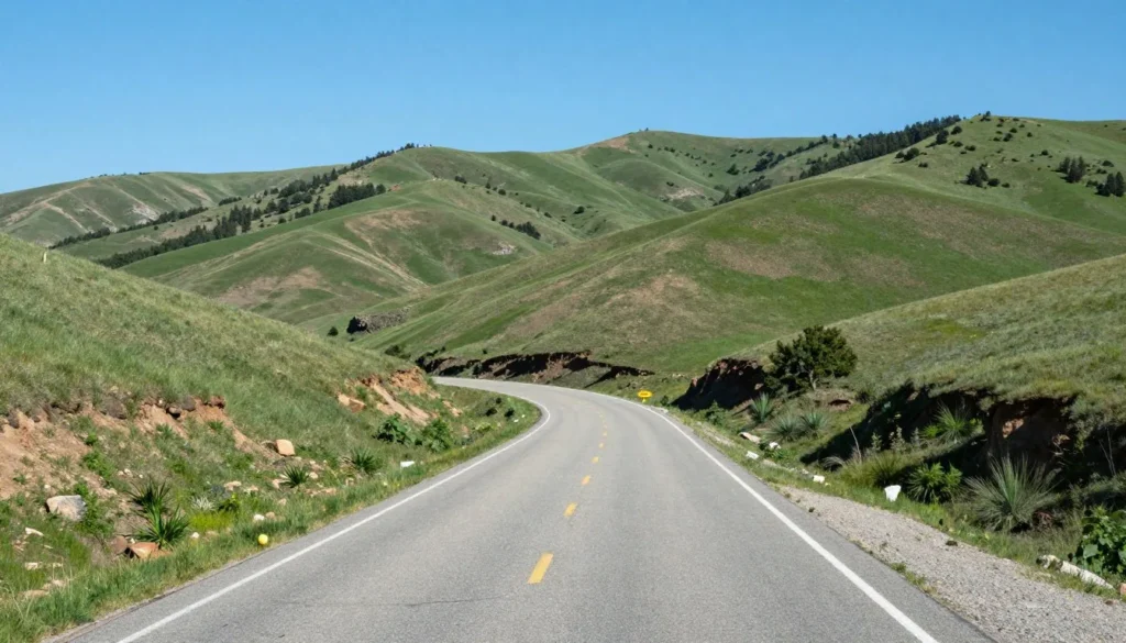 Winding mountain road leading to Palisade State Park with rolling hills in Central Utah