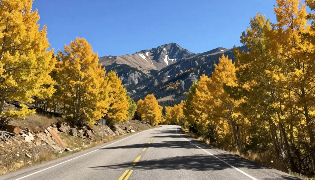 Winding mountain road through Colorado's San Juan Mountains leading toward Uncompahgre Peak with aspen trees and valley views Winding mountain road through Colorado's San Juan Mountains leading toward Uncompahgre Peak with aspen trees and valley views