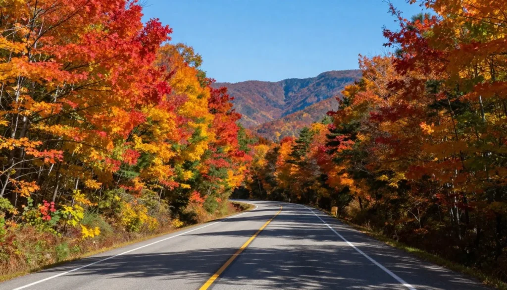 Winding mountain road through Great Smoky Mountains with autumn foliage Winding mountain road through Great Smoky Mountains with autumn foliage
