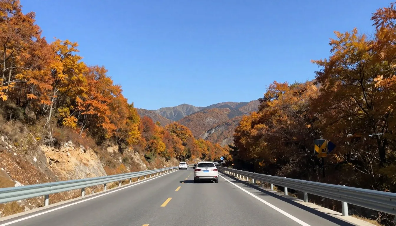 Winding mountain road through autumn forest leading toward Grandfather Mountain