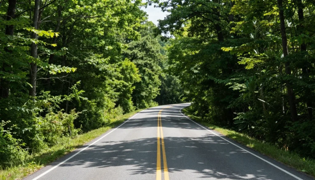 Winding road through North Carolina coastal forest leading to state park Winding road through North Carolina coastal forest leading to state park