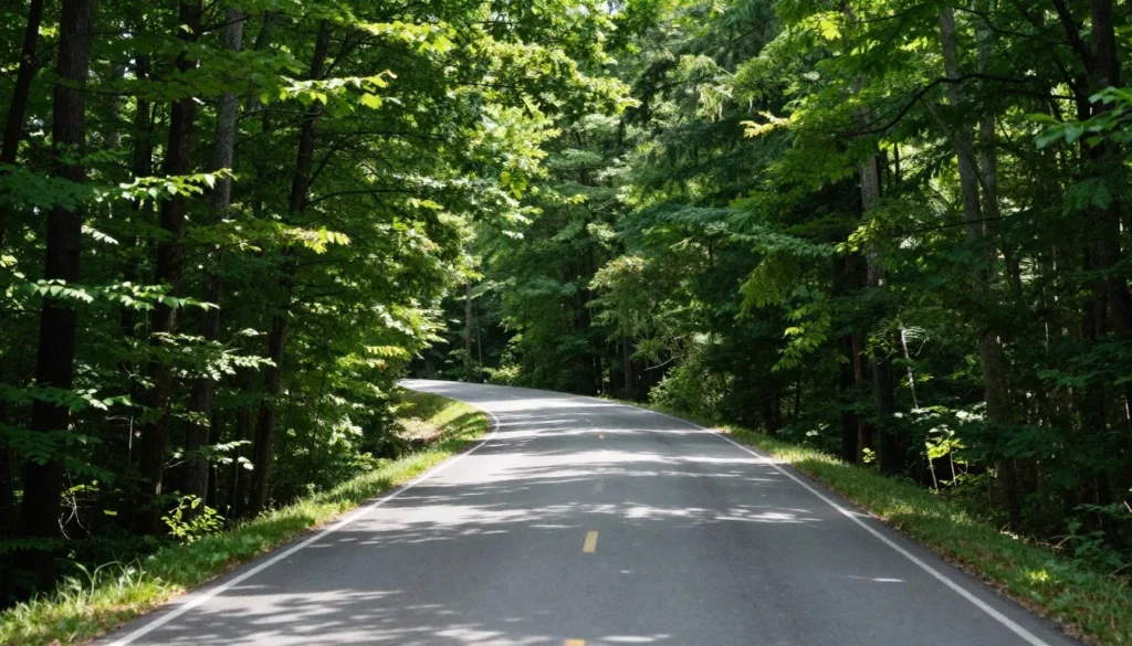 Winding road through dense forest leading to Chickasaw State Park in West Tennessee Winding road through dense forest leading to Chickasaw State Park in West Tennessee