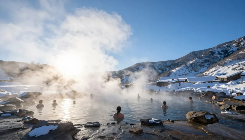 Winter morning at Meadow Hot Springs with steam clouds Winter morning at Meadow Hot Springs with steam clouds