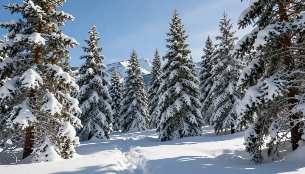 Winter scene in Snowstorm Mountains with snow-covered evergreen trees