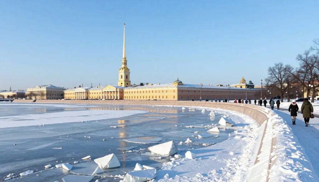 Winter scene of the frozen Neva River in Saint Petersburg with the Peter and Paul Fortress visible across the ice under a blue winter sky Winter scene of the frozen Neva River in Saint Petersburg with the Peter and Paul Fortress visible across the ice under a blue winter sky
