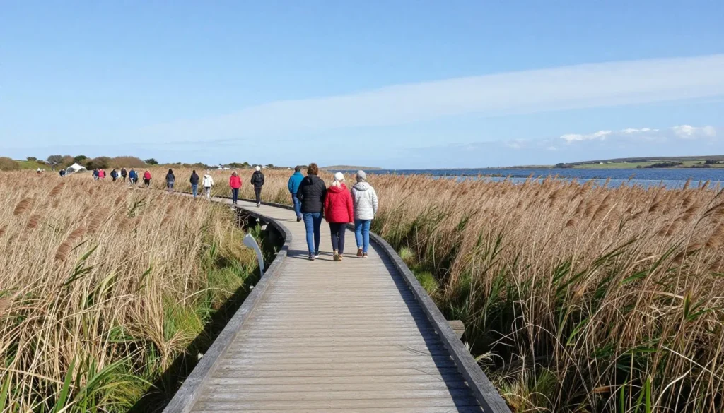 Wooden boardwalk through Tralee Bay Wetlands with reeds and water Wooden boardwalk through Tralee Bay Wetlands with reeds and water