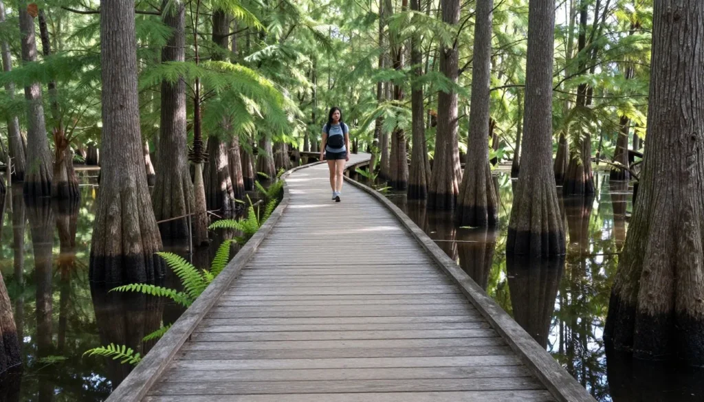 Wooden boardwalk trail winding through cypress swamp forest at Bushy Lake State Natural Area Wooden boardwalk trail winding through cypress swamp forest at Bushy Lake State Natural Area