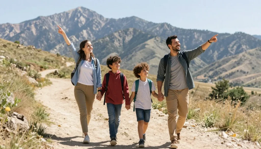 family enjoying easy nature walk near Oquirrh Mountains