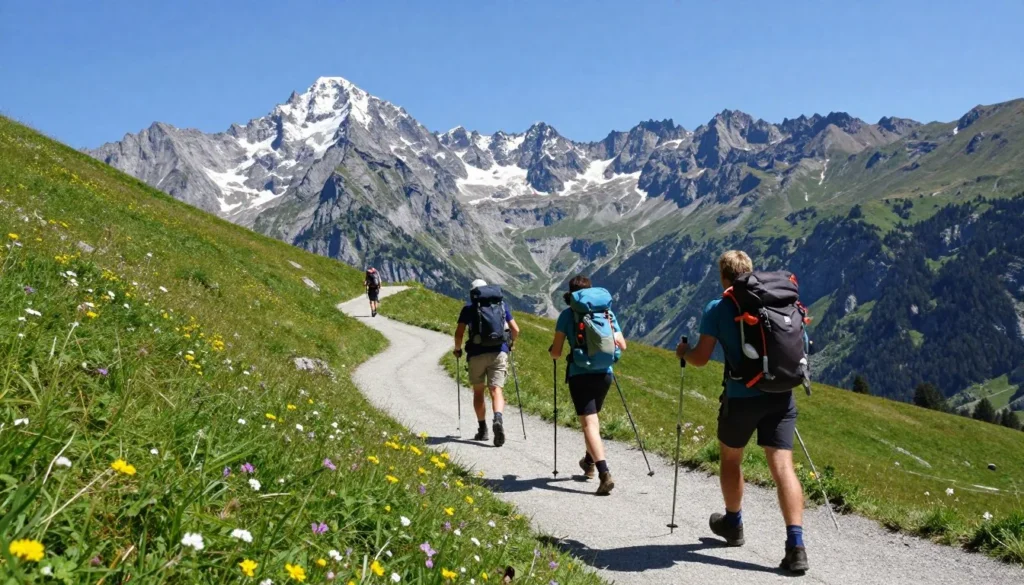 hikers on Alpine trail with mountain views in Liechtenstein
