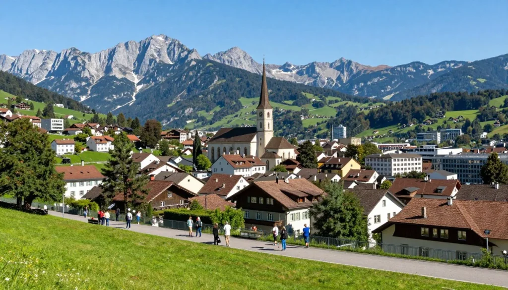 scenic view of Vaduz with Alps mountains and historic town architecture