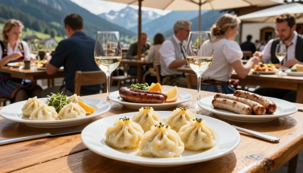traditional Liechtenstein cuisine served at outdoor restaurant with mountain view